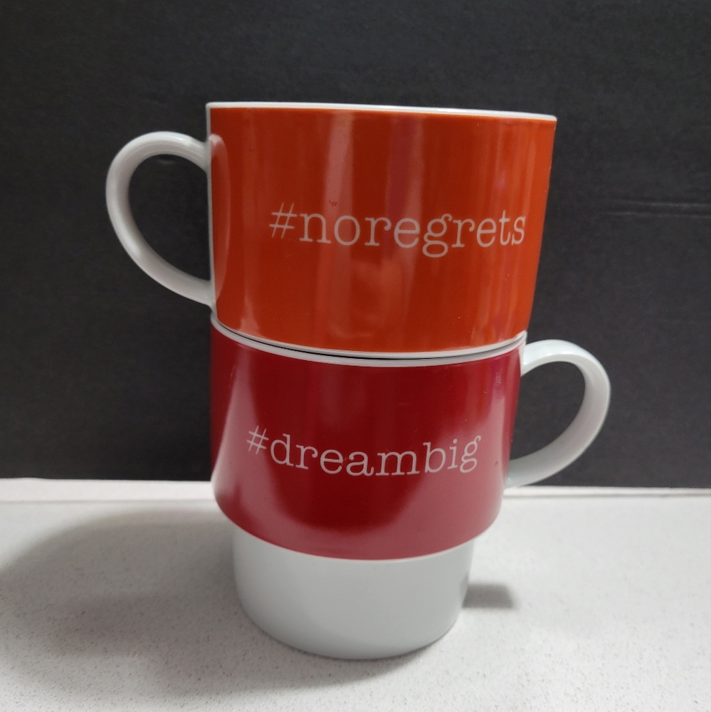Dream Big and No Regrets stackable coffee cup mugs, red and orange